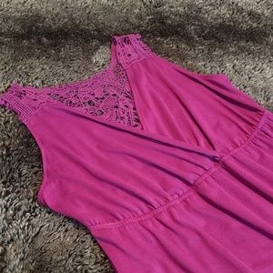 Empire waist high-low maxi dress w/crochet detail.